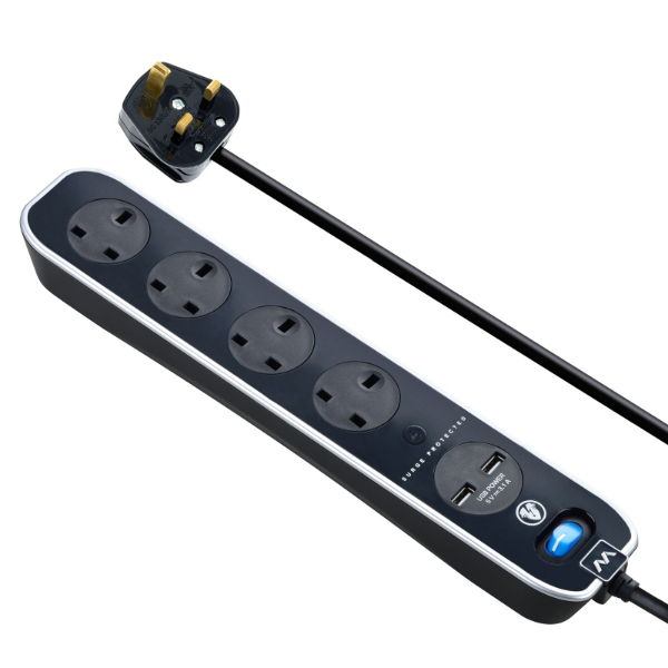2m 13A Surge Protected 4 Gang with USB SRGLSU42PB-MP